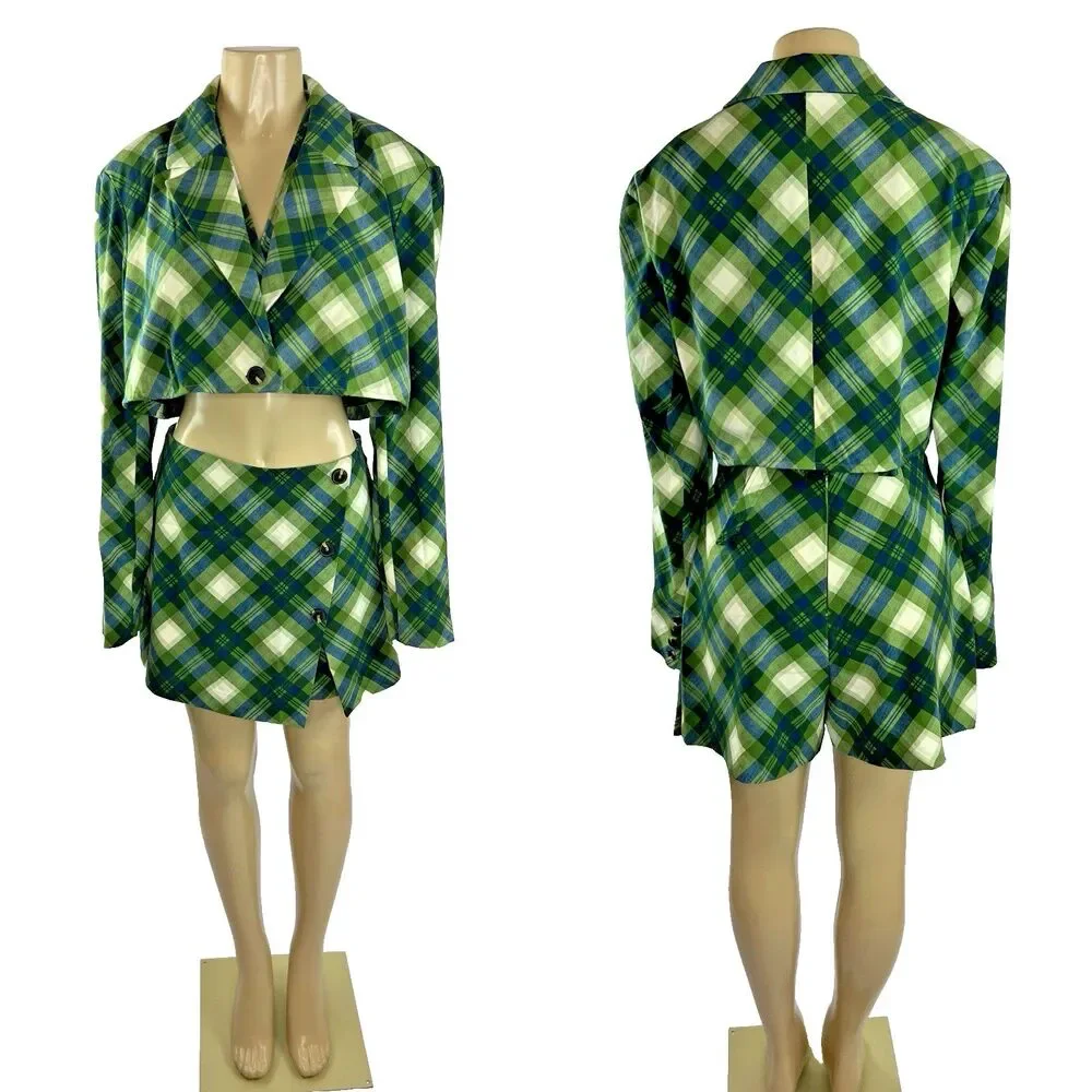 WeWoreWhat 3 Piece Suit Set Size L Cropped Blazer Skort Wrap Top Green Plaid